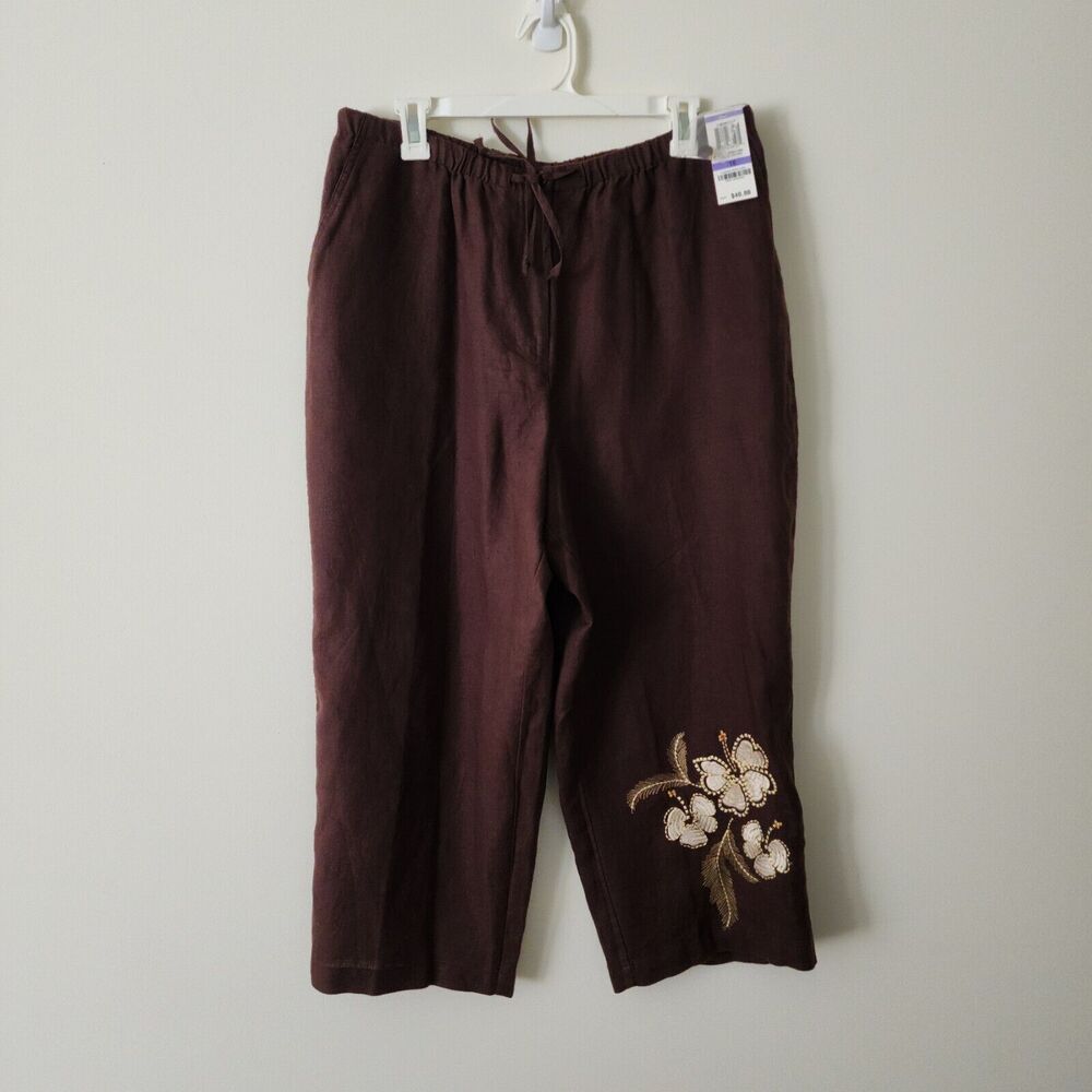 NWT JM Collection Limoncello Linen Crop Pants Brown Embroidered Wide-Leg Size 18